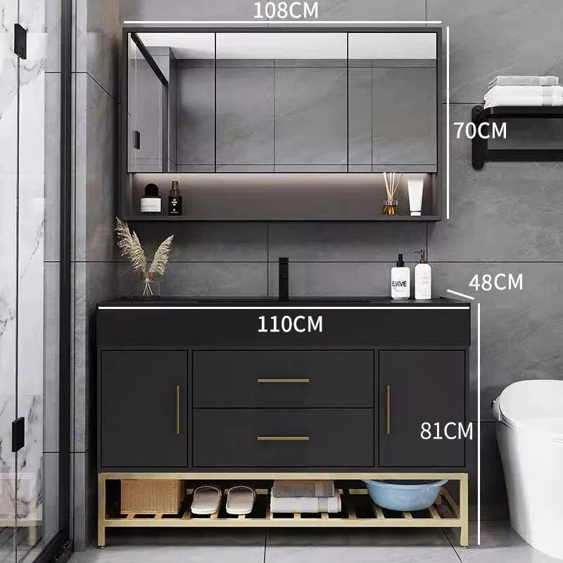 Modern Minimalist Black Oak Bathroom Vanity Cabinet with Mirror Light