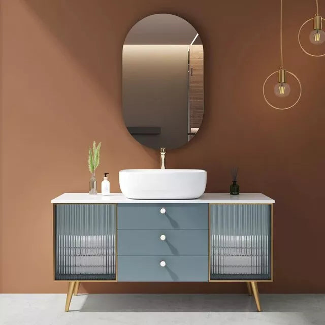 Juego de tocador de baño de madera maciza, elegante y redondeado, con lavabo y espejo iluminado