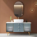 Juego de tocador de baño de madera maciza, elegante y redondeado, con lavabo y espejo iluminado