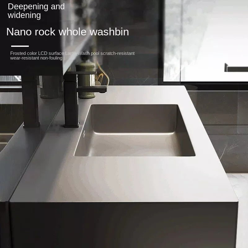 Modern Minimalist Black Oak Bathroom Vanity Cabinet with Mirror Light