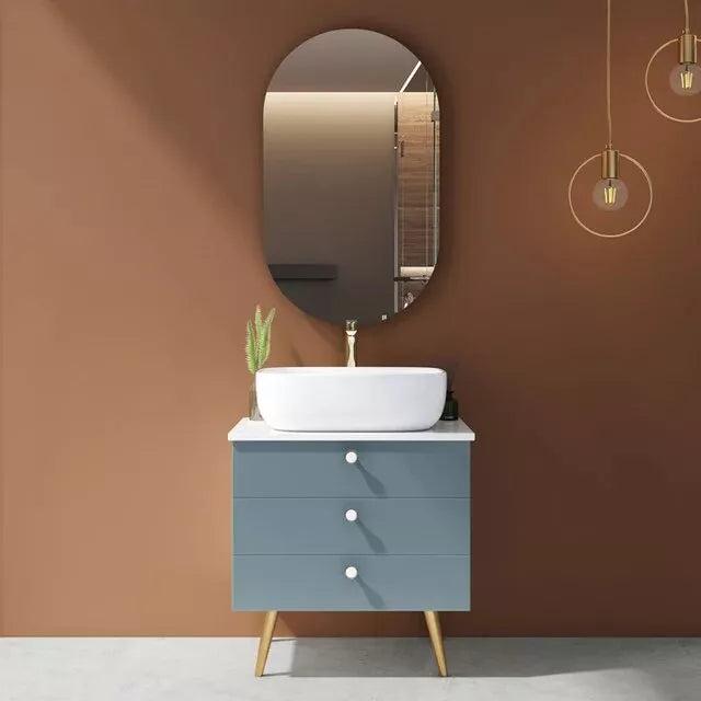 Juego de tocador de baño de madera maciza, elegante y redondeado, con lavabo y espejo iluminado
