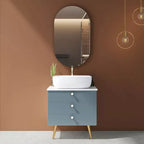Juego de tocador de baño de madera maciza, elegante y redondeado, con lavabo y espejo iluminado