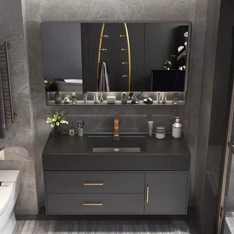 Modern Minimalist Black Oak Bathroom Vanity Cabinet with Mirror Light