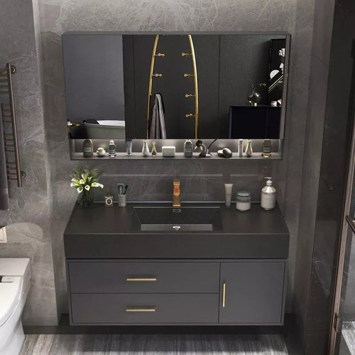 Modern Minimalist Black Oak Bathroom Vanity Cabinet with Mirror Light