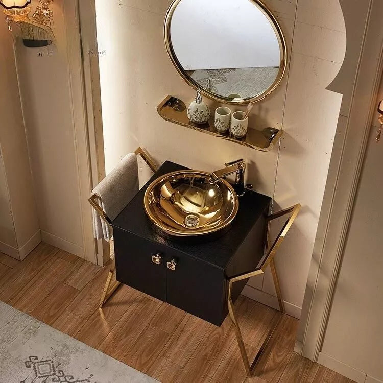 Juego de tocador de baño de cuarzo con lavabo dorado de lujo moderno