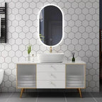 Mueble de baño moderno de roble blanco con espejo inteligente y encimera de mármol