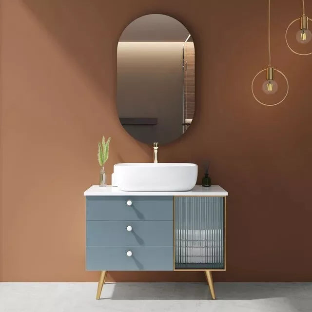 Juego de tocador de baño de madera maciza, elegante y redondeado, con lavabo y espejo iluminado