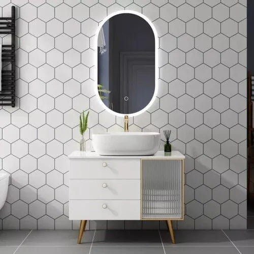 Squared Modern White Oak Bathroom Vanity Set with Smart Mirror and Marble Countertop