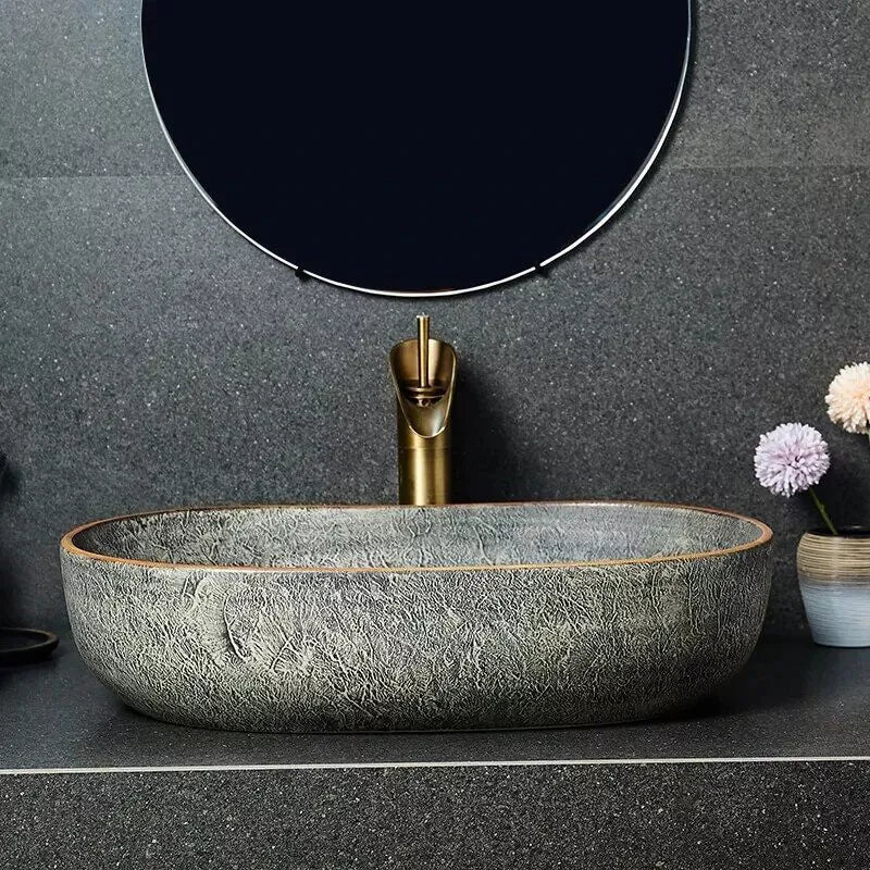 Green Vintage Rectangular Ceramic Washbasin with Faucet