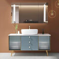 Set de tocador de baño cuadrado elegante de madera maciza con lavabo y espejo con luz