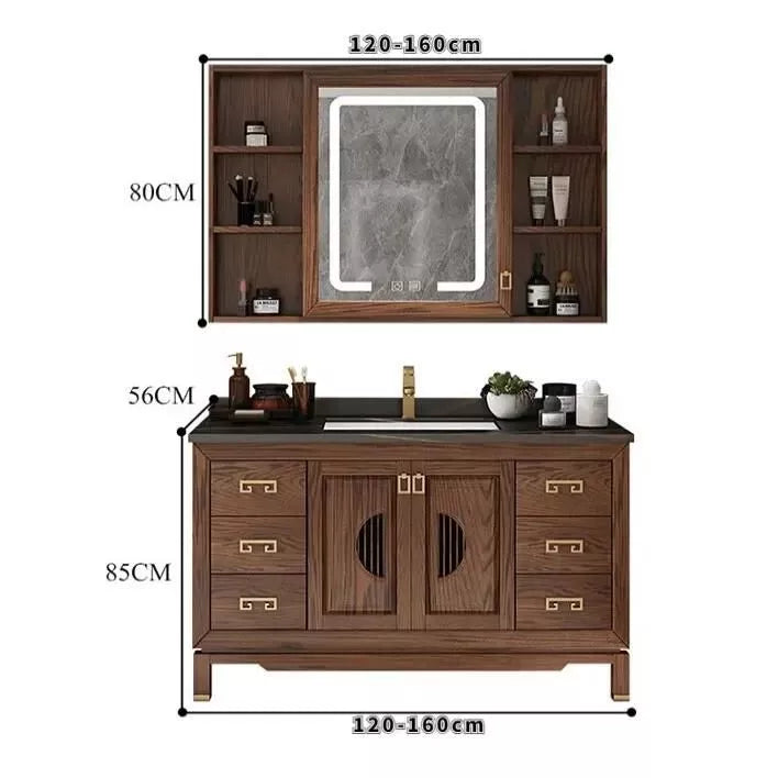 Elegante tocador de baño vintage de roble con lavabo de cerámica y encimera de pizarra