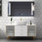 Mueble de baño moderno de roble blanco con espejo inteligente y encimera de mármol