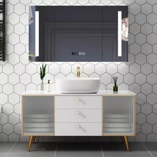Squared Modern White Oak Bathroom Vanity Set with Smart Mirror and Marble Countertop