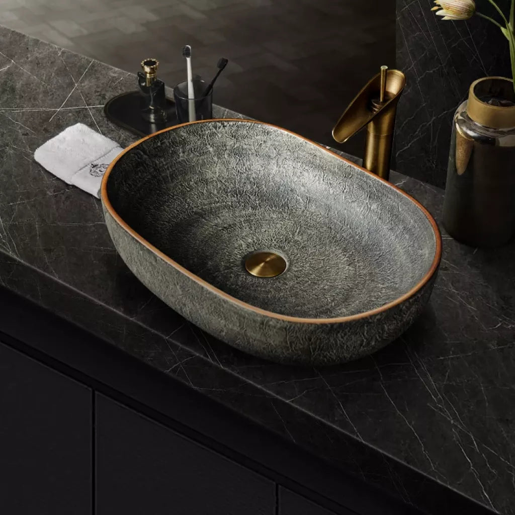 Lavabo de cerámica rectangular verde vintage con grifo