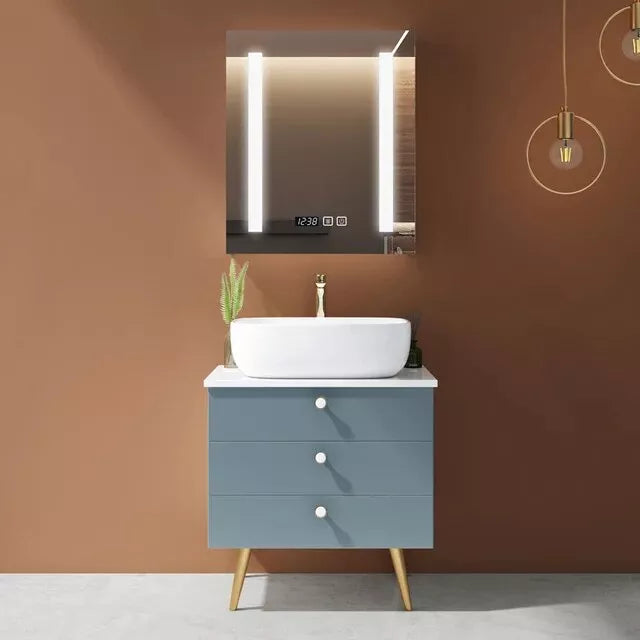 Squared Elegant Solid Wood Bathroom Vanity Set with Basin and Mirror Light