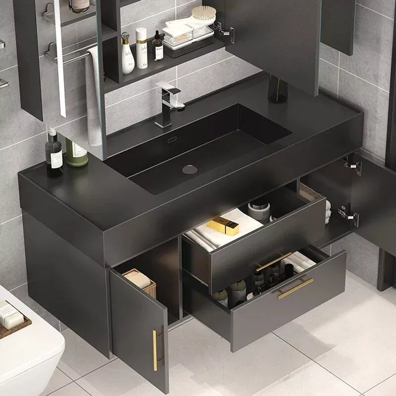 Mueble de baño moderno minimalista de roble negro con espejo iluminado