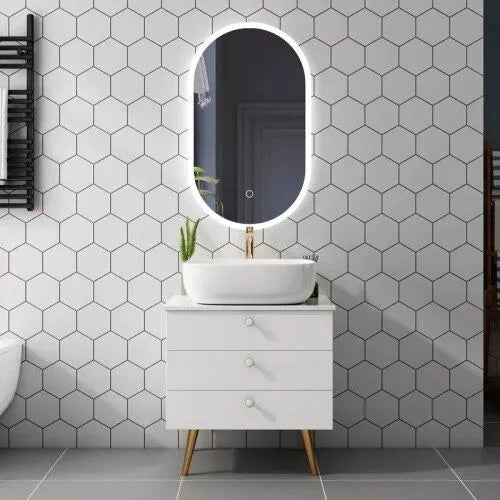 Squared Modern White Oak Bathroom Vanity Set with Smart Mirror and Marble Countertop