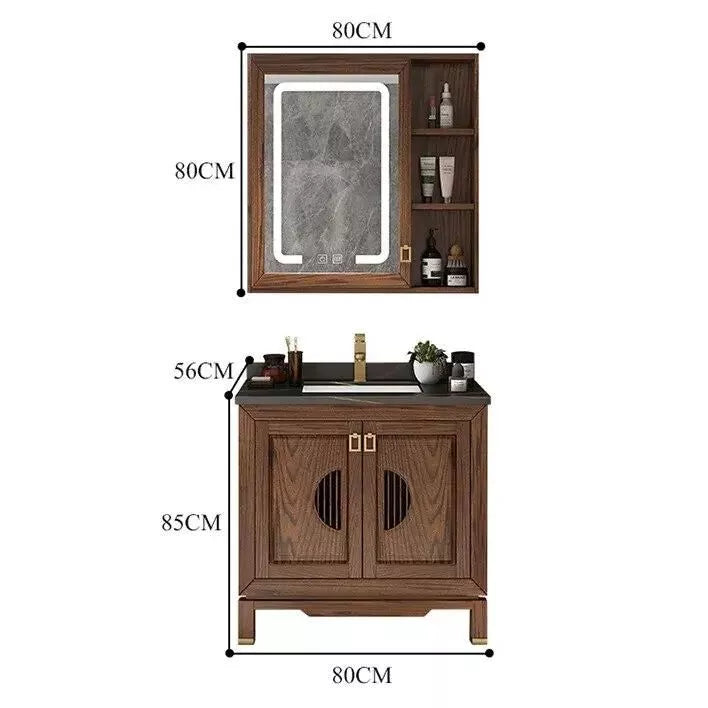 Elegant Vintage Oak Bathroom Vanity with Ceramic Sink and Slate Countertop