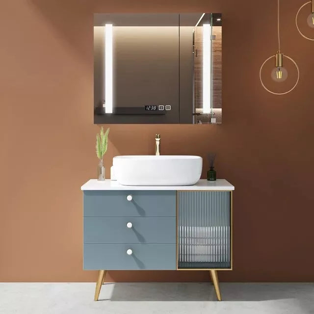 Squared Elegant Solid Wood Bathroom Vanity Set with Basin and Mirror Light