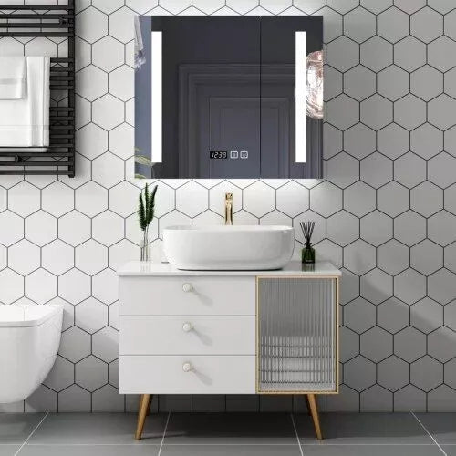 Squared Modern White Oak Bathroom Vanity Set with Smart Mirror and Marble Countertop
